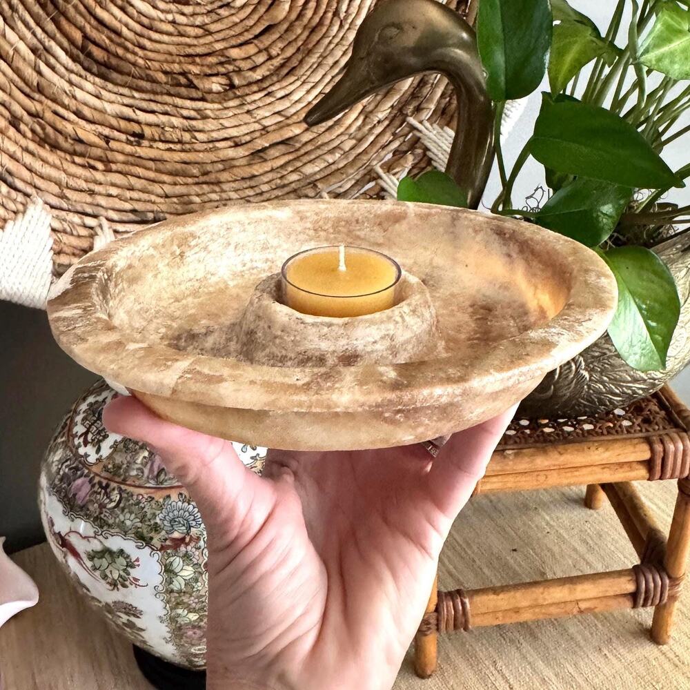 Vintage Natural Onyx Tealight Candle Holder Catchall Bowl – Organic Stone Dish